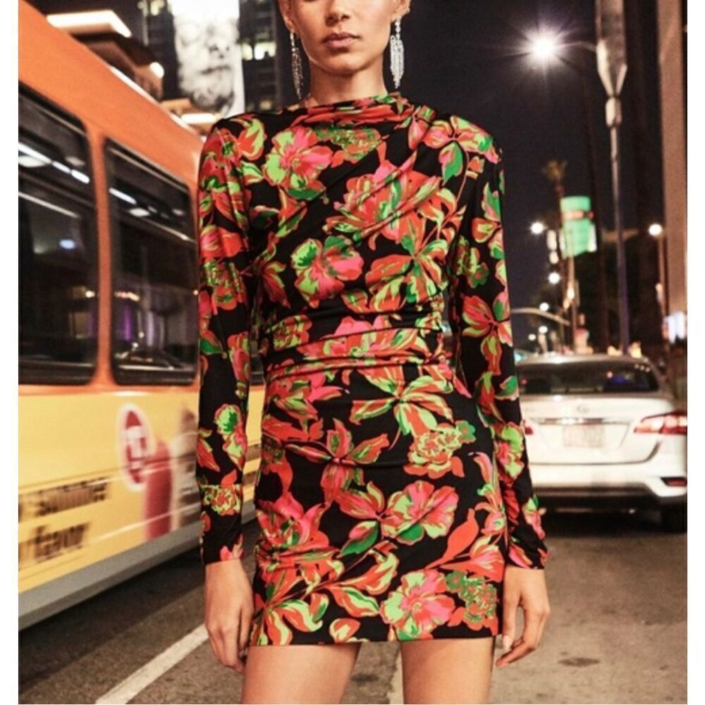 Zara Black Pink Floral Cowl Neck Long Sleeve Ruched Mini Dress Size XS